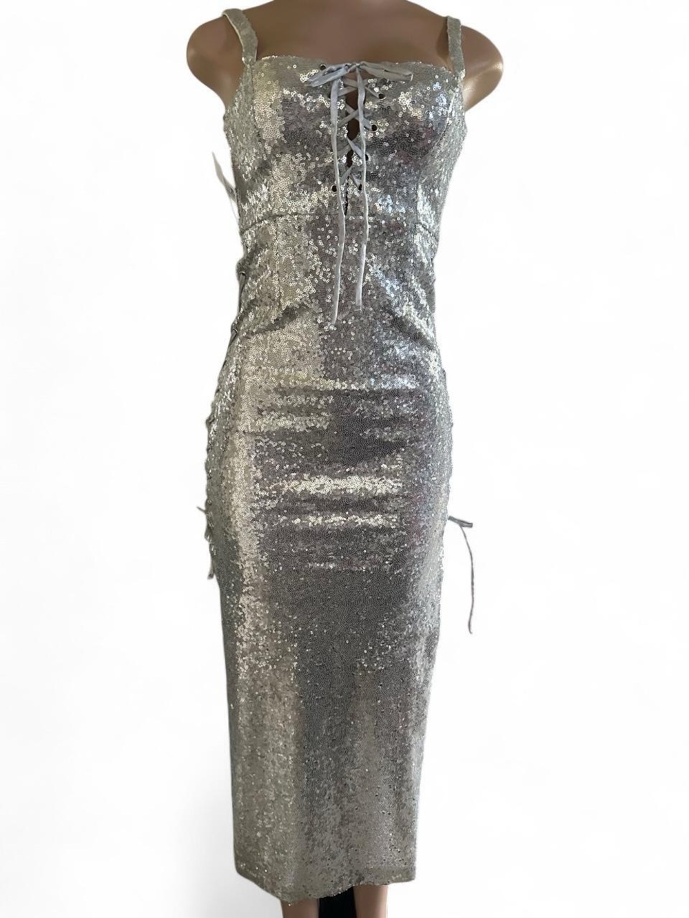 Silver Sequin Lace-Up Maxi evening Dress - Women
